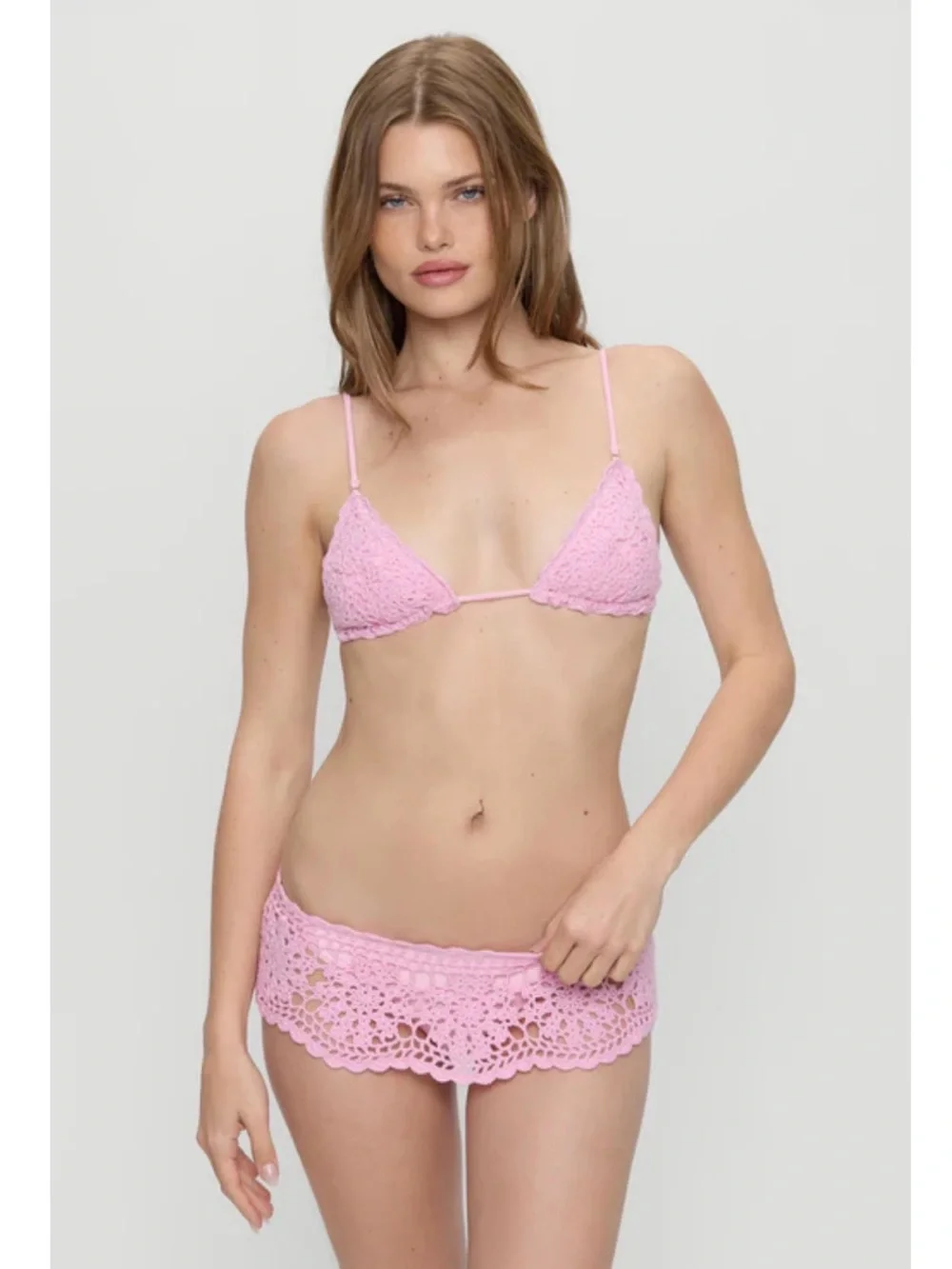 Frankie's Bikinis Pink Crochet Triangle Bikini Top & Mini Skirt Set